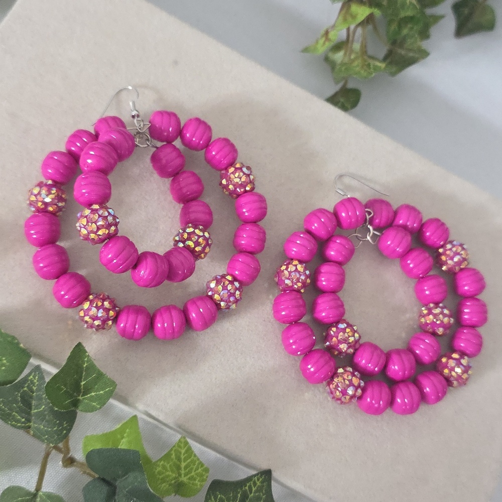 Statement Large Double Hoop Earrings Barbie Pink And Iridescent Disco Beads